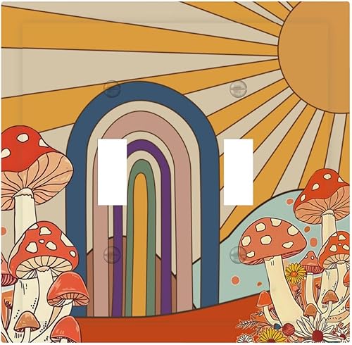 Placa de cubierta de interruptor de luz hippie retro de los años 70, diseño floral vintage, bohemio, doble palanca, placa decorativa de pared de 2