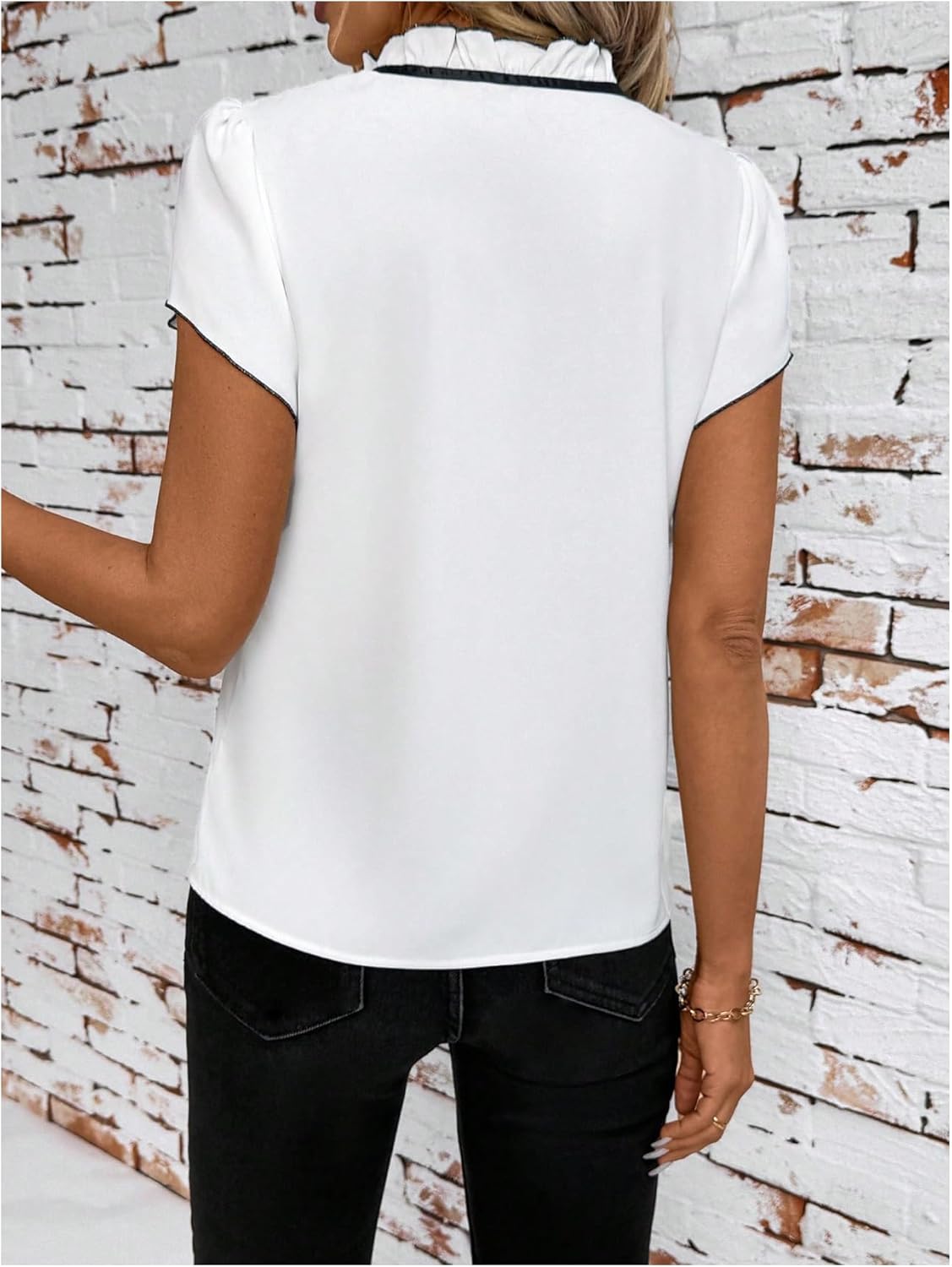 Floerns Women's Elegant Tie Neck Shirts Short Sleeve Business Dressy Casual Blouses Tops - Image 3