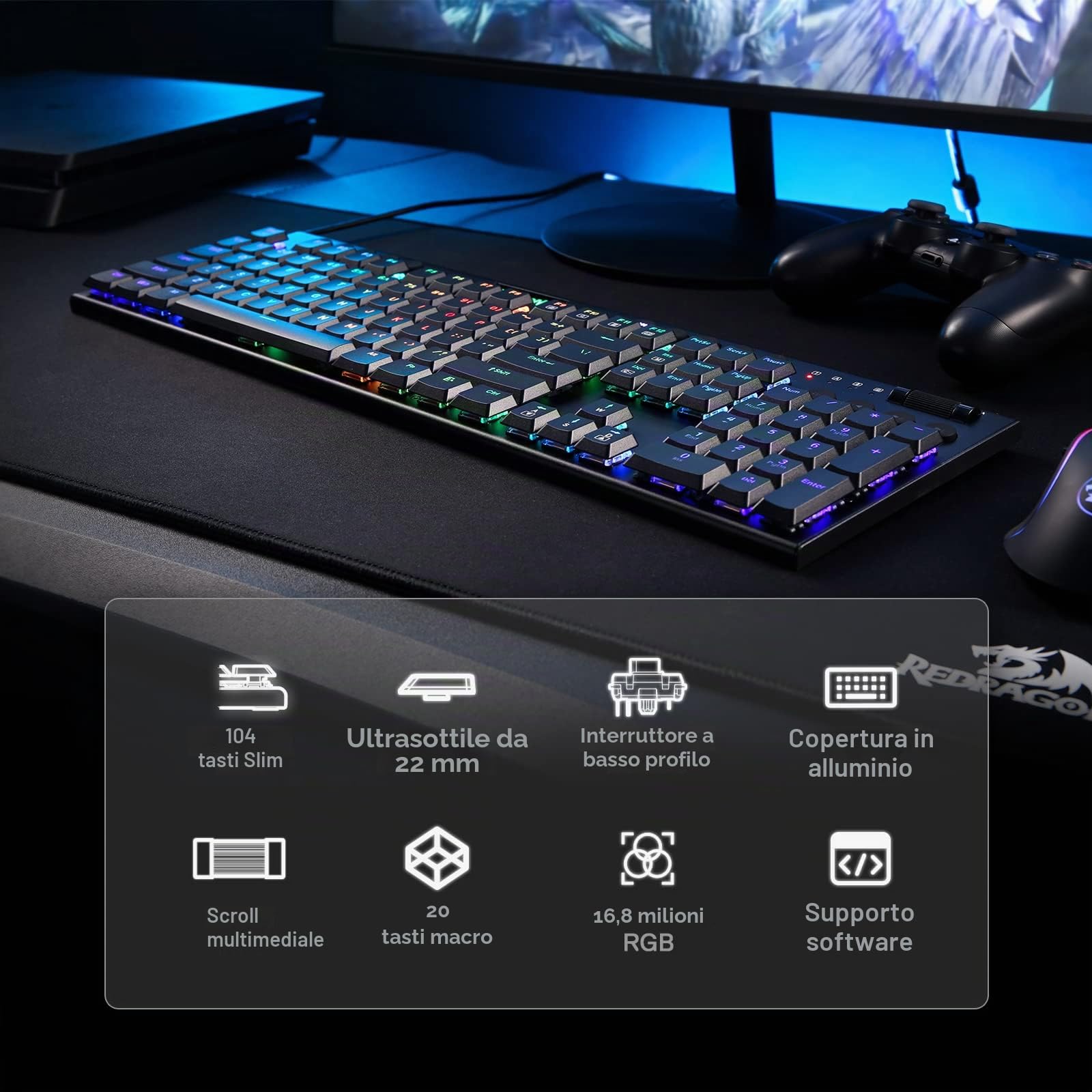 Redragon K619 Horus RGB tastiera meccanica, ultra-sottile progettato Wired Gaming Keyboard w/basso profilo Keycaps, Dedicated Media Control & Linear Red Switch, Pro Software supportato