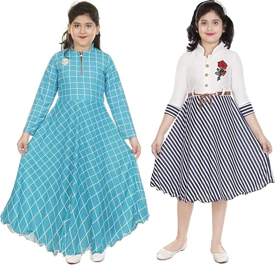 DIGIMART Girls Checks Printed Long Dress Gown & Belt Frock Combo Set