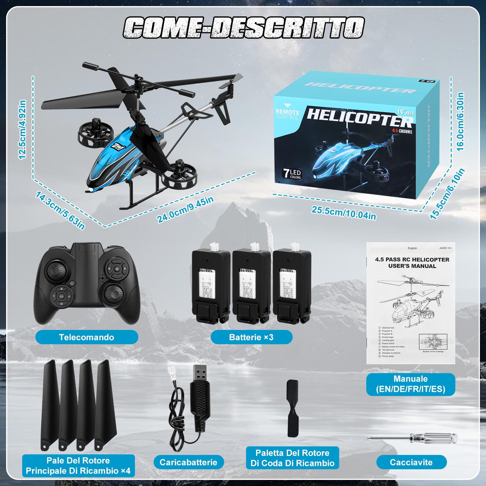 Charmofun Elicottero RC, Elicottero Telecomandato 2.4G con 7 Luce e 3 Batterie, 33 Minuti Volo, 4.5 Canali elicotteri Radiocomandat con Giroscopio, Aerei RC per Ragazzi Ragazze da 6+ Anni (Blu)