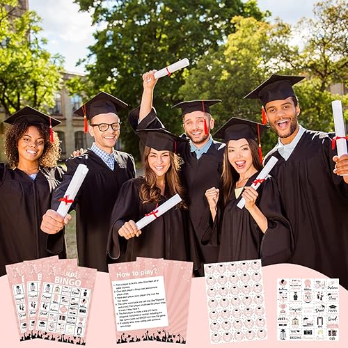 Miniatura 7 de Balterever Juegos de bingo de graduación, juego de graduación de oro rosa para 24 jugadores, juegos de fiesta de graduación y actividades divertidas