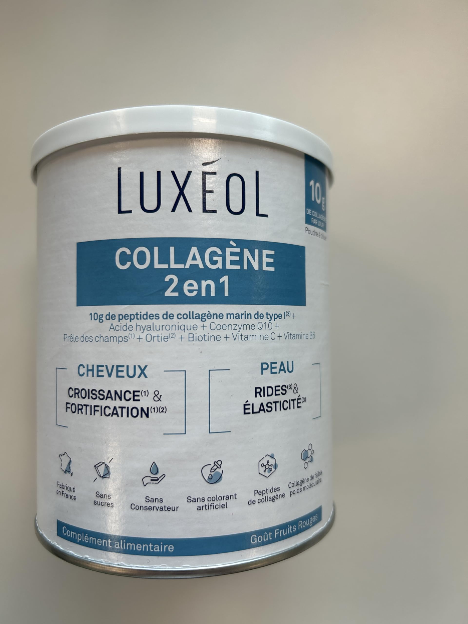 Luxéol - Collagène 2 en 1 - Complément Alimentaire - Croissance(1) & Fortification(1)(2) - Rides(3) & Elasticité(3) - 10 g Collagène Marin Type l + Acide Hyaluronique + coQ10-275 g (Programme 25 j)