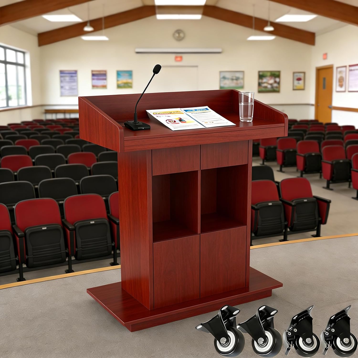 Wood Lectern with Lockable Wheels, Church Pulpit with Storage, Podium Stand for Lectern Presentation Church Classroom, Portable Podium,Walnut