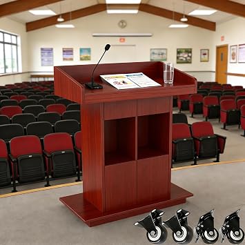 Wood Lectern with Lockable Wheels, Church Pulpit with Storage, Podium Stand for Lectern Presentation Church Classroom, Portable Podium,Walnut