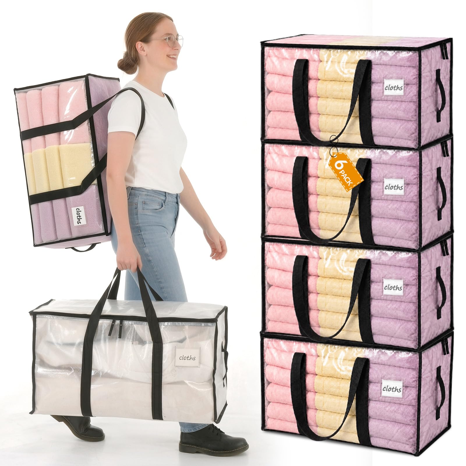 Velway Moving Bags and Storage Bags - 95L Heavy Duty Moving Boxes with Reinforced Handles & Zippers, Waterproof Storage Bags for House Moving, Bedding, Clothes, College Dorm Essentials, Clear, 6 Pack