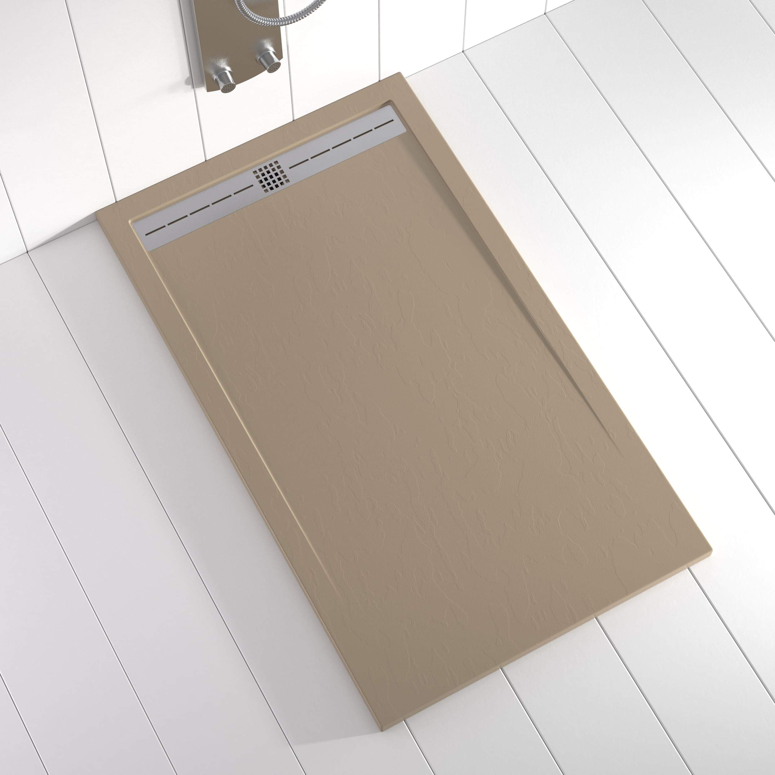 Plato de ducha resina FLOW desagüe lineal frontal color Moka 120x80 textura pizarra antideslizante rejilla extraplana integrada. Incluye válvula de desagüe