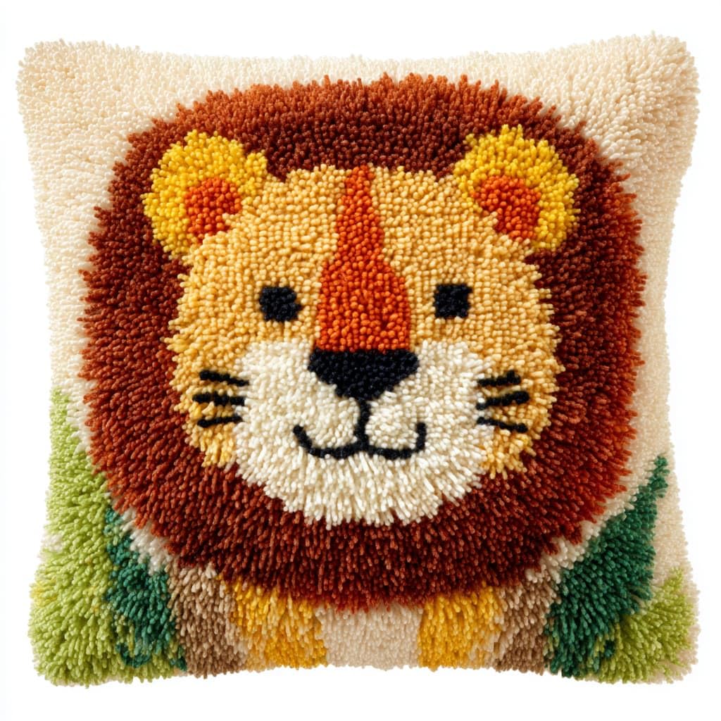 Taxpy DIY Latch Hook Kits, Animal Lion Pillow with Printed Canvas Crochet Yarn Embroidery Cushion Handmade Hook and Latch Kit Pillowcase 43x43cm