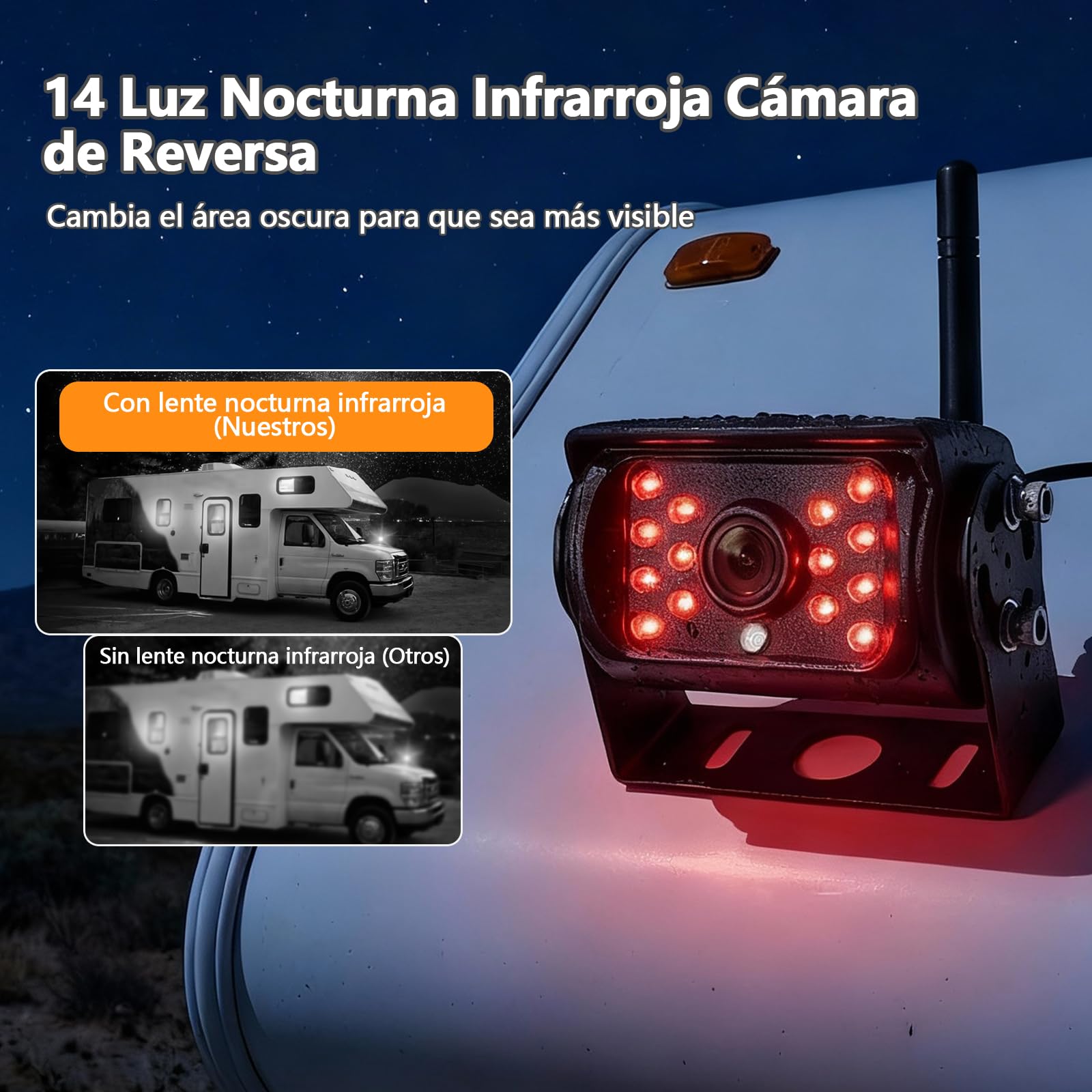 Cámara de Marcha Atrás con 7 Pulgadas 1080P Monitor, IP69 Impermeable 14 IR Visión Nocturna Camara Trasera Coche Inalámbrica, para Camper, Camión, RV(VE-7C)