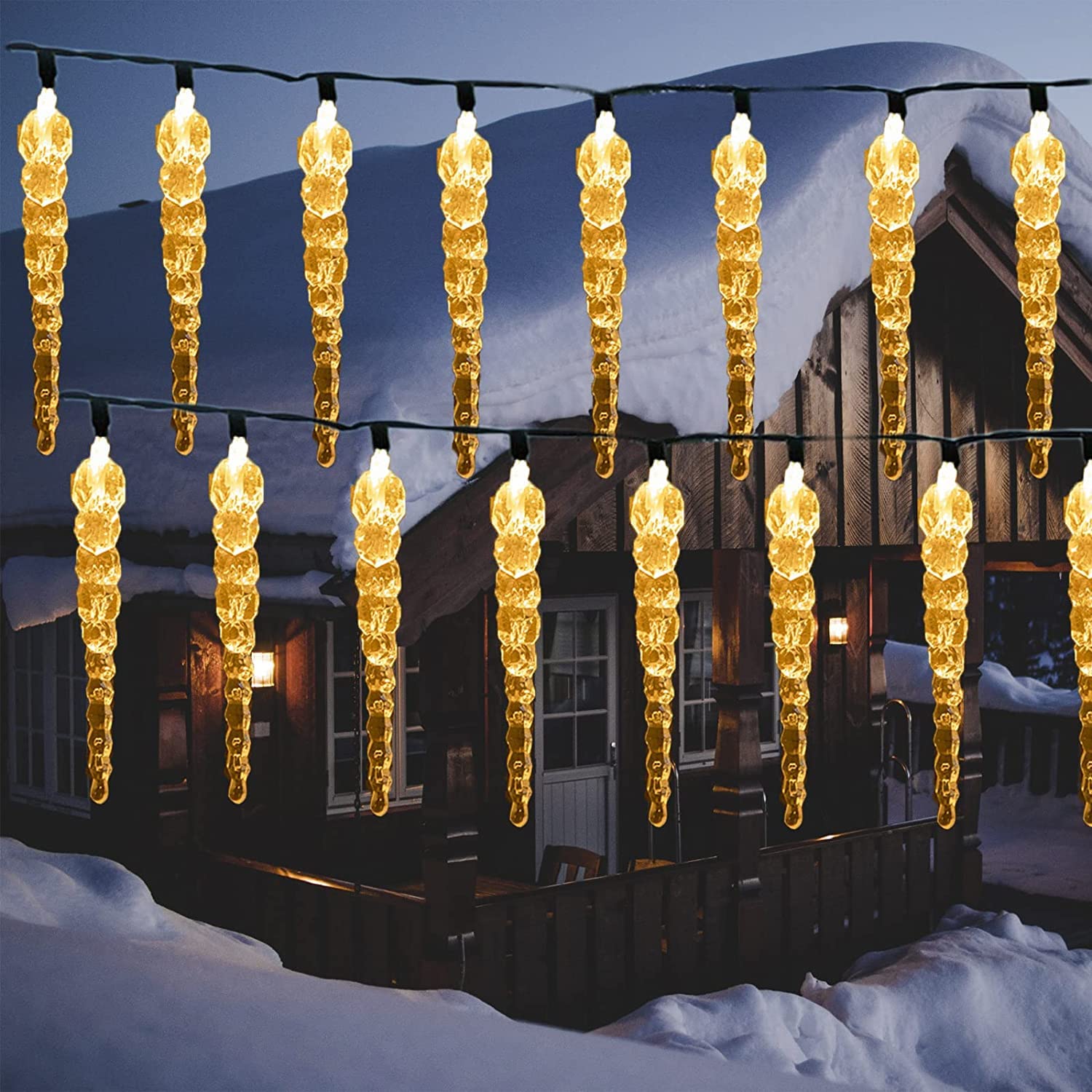 KINGCOO 100LED Solar Eiszapfen Lichter Garten, Wasserdicht 10M/32Ft Eiskegel Tropfen Fenster Dekorative Fee Lichterketten 8Mode für Außen Innen Weihnachten Hochzeit Party Beleuchtung (Warmweiß)