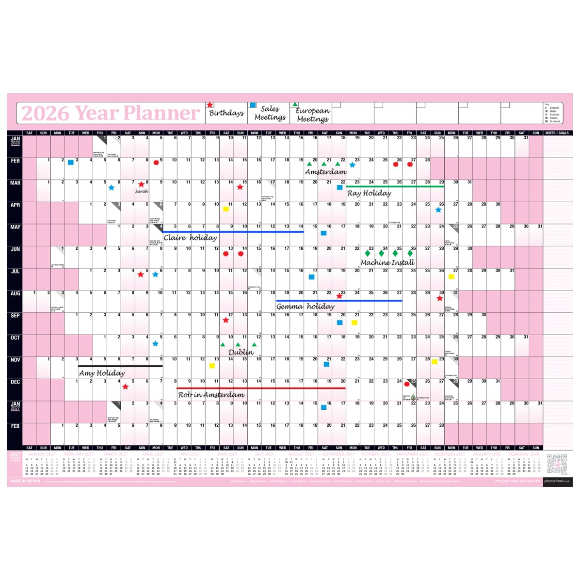 PlannerHead 2026 Wall Planner Baby Pink | Yearly Calendar 2026 for Students, Families, Businesses, Offices |UK & Ireland Bank Holidays |Unmounted & Unlaminated (Baby Pink, Medium 35cm x 49cm - Folded) — image 1