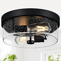 Farmhouse Black 2-Light Flush Mount Ceiling Light with Seeded Glass Shade - Industrial Style for Kitchen, Hallway, Entryway