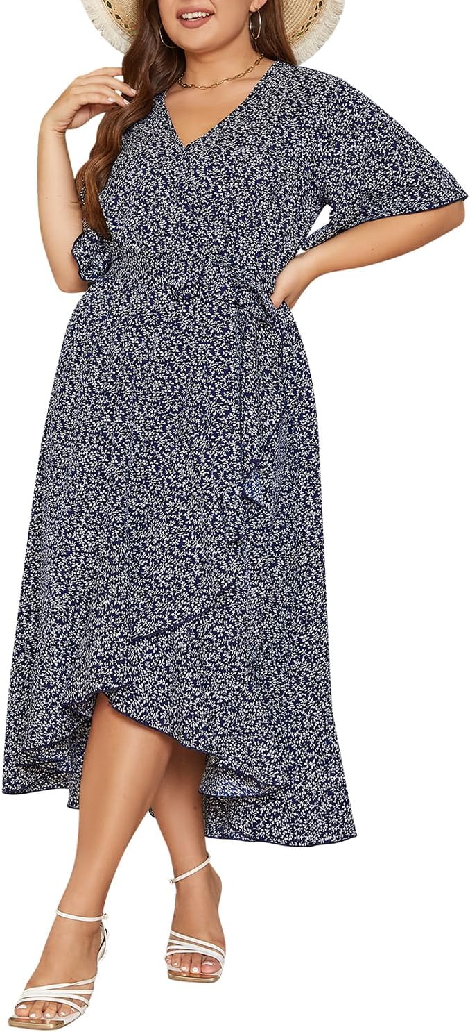 Keluummi Plus Size Summer Wedding Guest Maxi Dress for Curvy Women, V Neck 3/4 Sleeve Empire Waist A Line Floral Long Dress