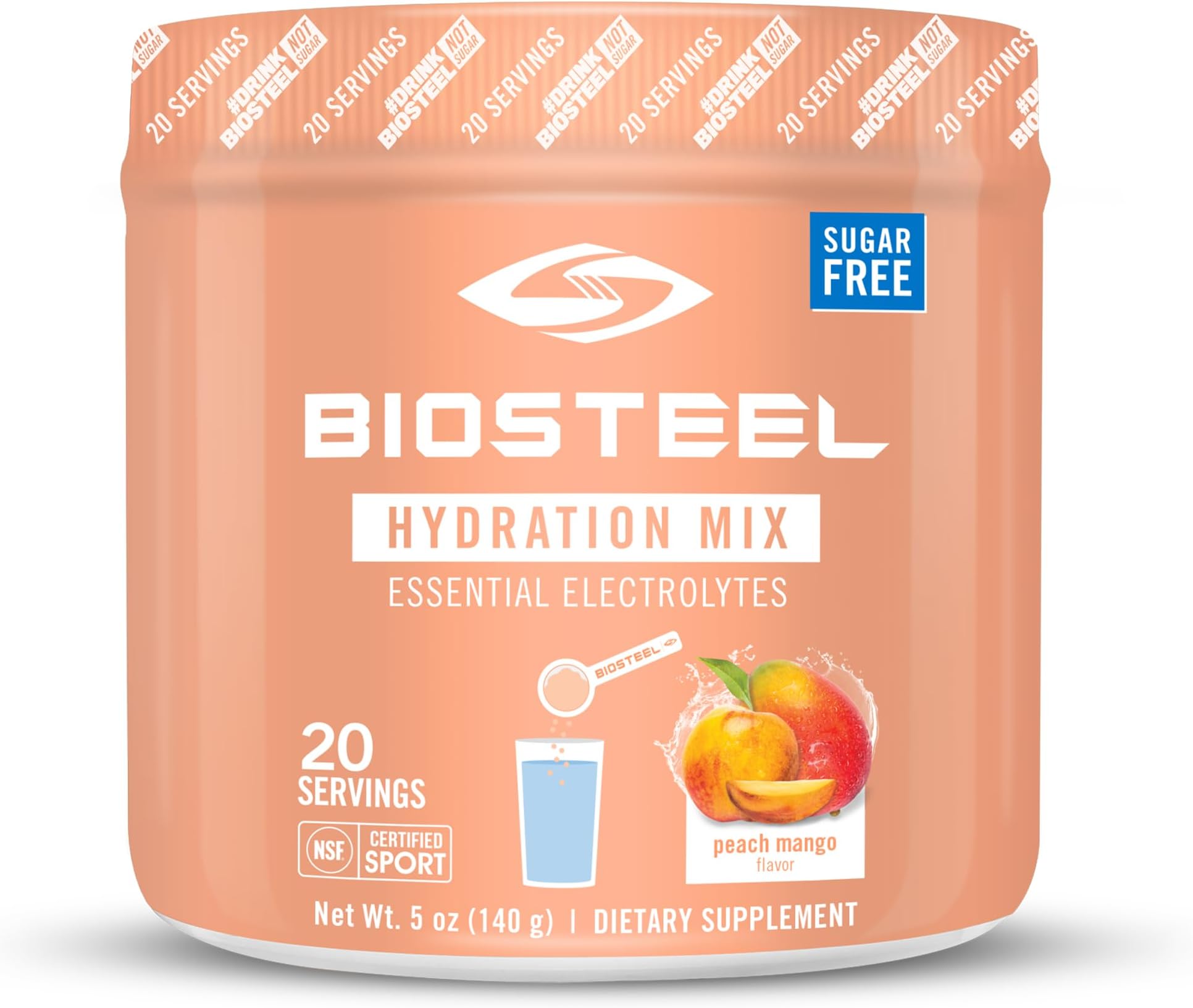 Zero Sugar Hydration Mix, Great Tasting Hydration with 5 Essential Electrolytes, Peach Mango Flavor, 20 Servings per Tub