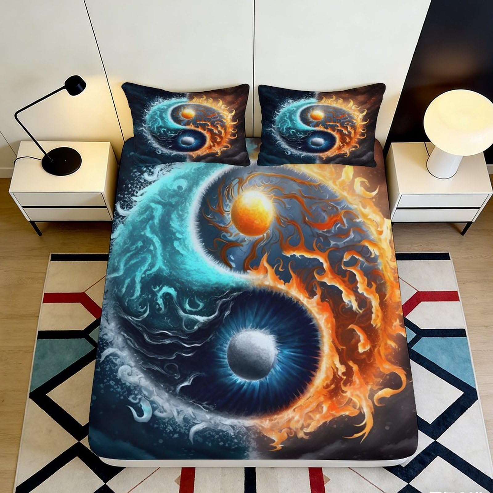 3D Printed Yin Yang Fire and Water Fitted Sheet Microfiber Soft Breathable Sun Moon Bed Cover for Bedroom Dorm Mattress Protection Decor 200x200x25cm