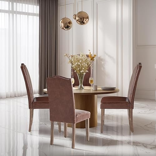 Miniatura 6 de Silla de comedor tapizada elegante Parsons para cocina con ribete plateado de cabeza de clavo y patas de madera, paquete de 2, color marrón claro de