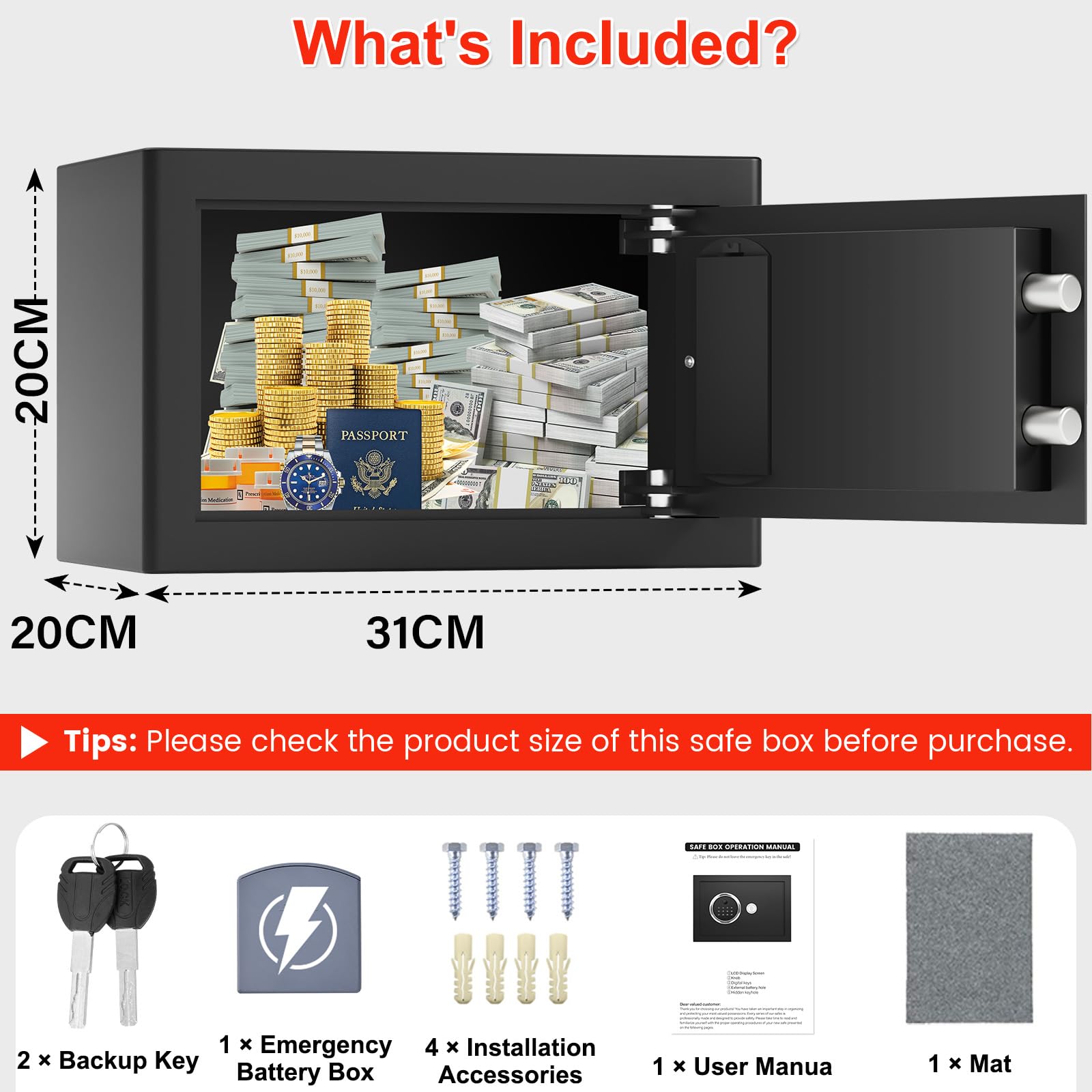 Caja de seguridad biométrica de 15 L con bolsa de dinero ignífuga, caja fuerte para el hogar con teclado digital y llaves de repuesto, caja fuerte de seguridad para dinero en efectivo, joyas y