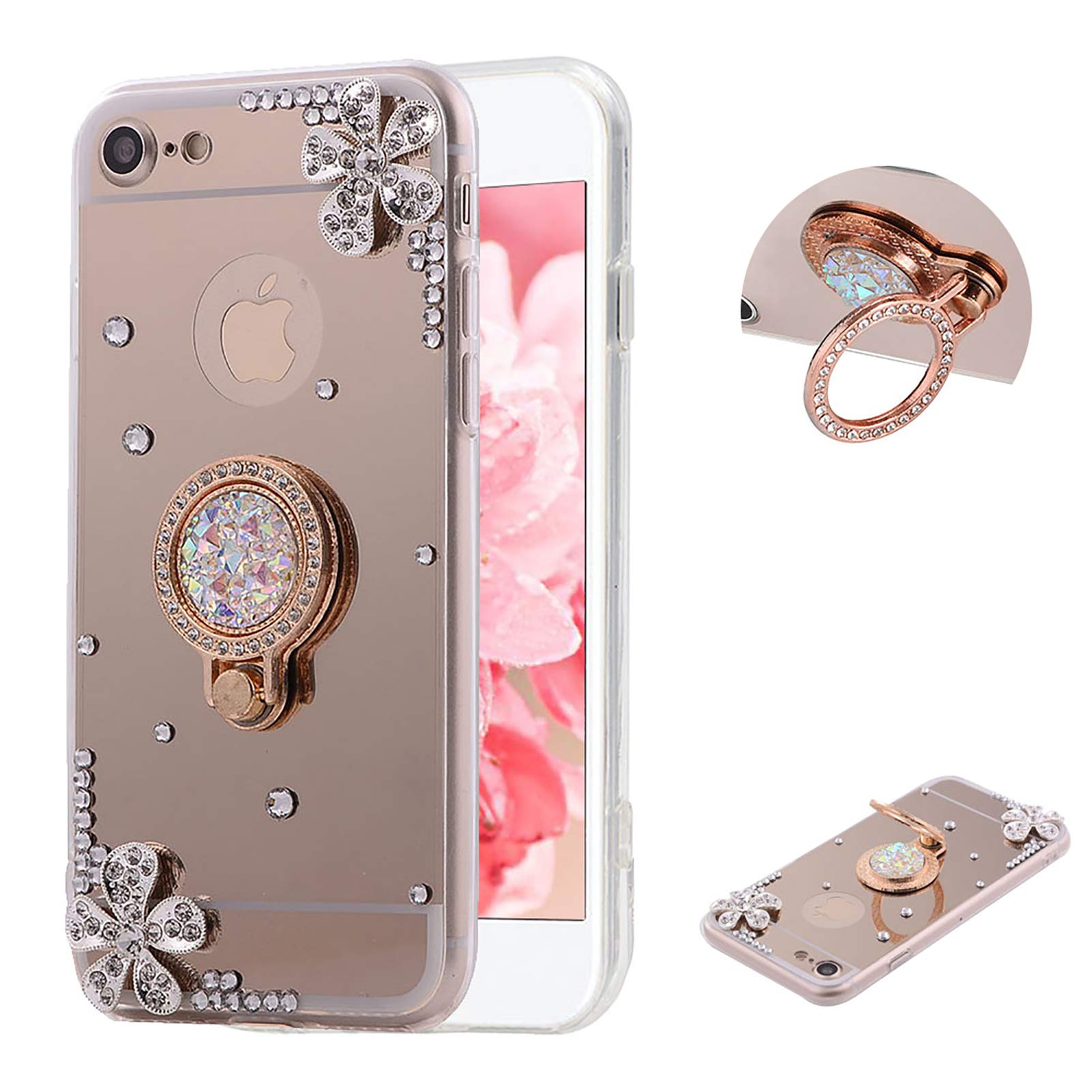 LCHDA for iPhone 8 / iPhone 7 Case 4.7 inch, Gold Makeup Mirror with Kickstand Bling Glitter Rhinestone Sparkle Flower Diamond Transparent Bumper