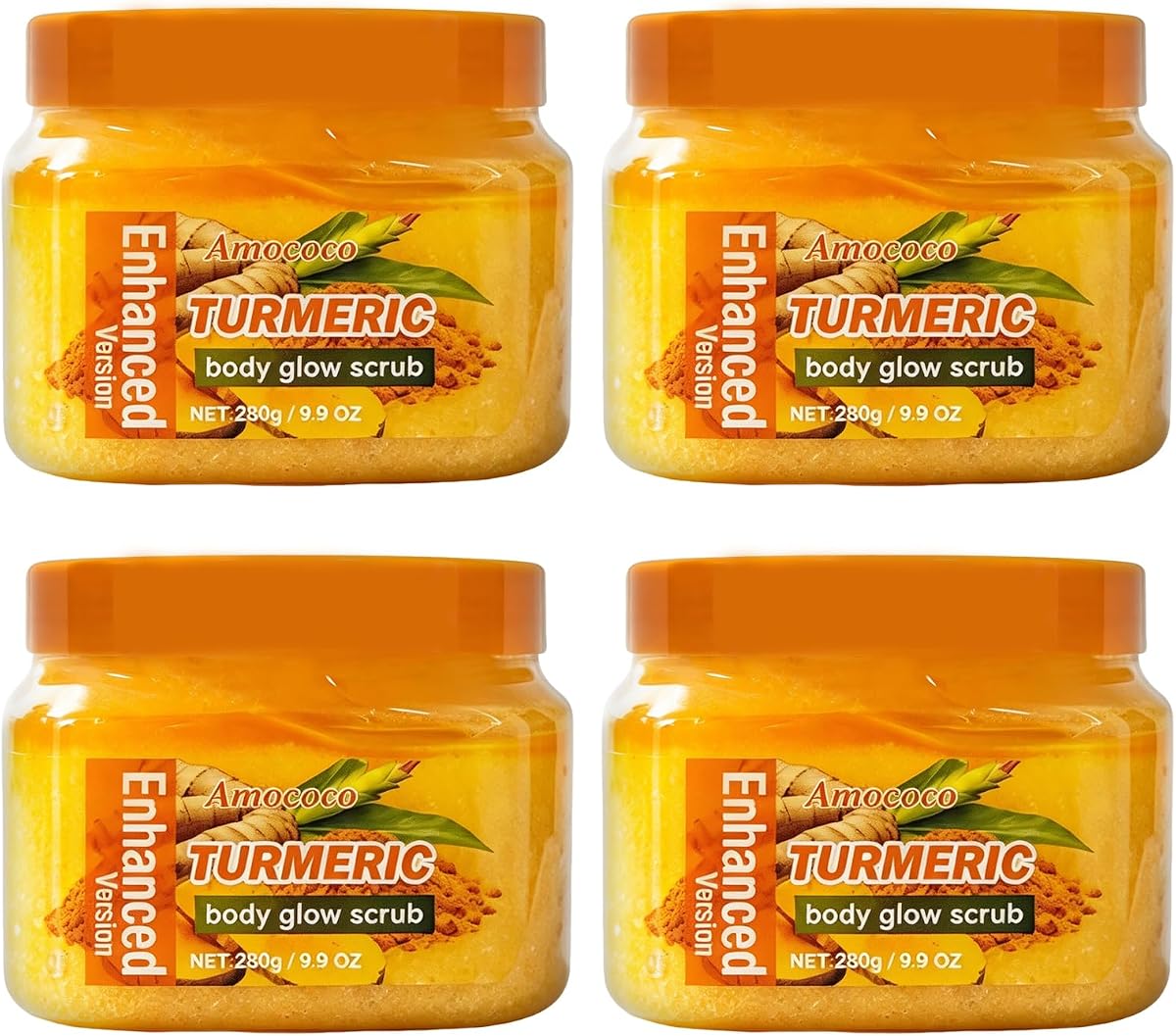 4Packs Turmeric Body Scrub, Botanical Skin Cleanser for Dullness & Uneven Tone, Gentle Exfoliating Scrub for Smooth & Glowing Skin Texture, 9.8 oz*4
