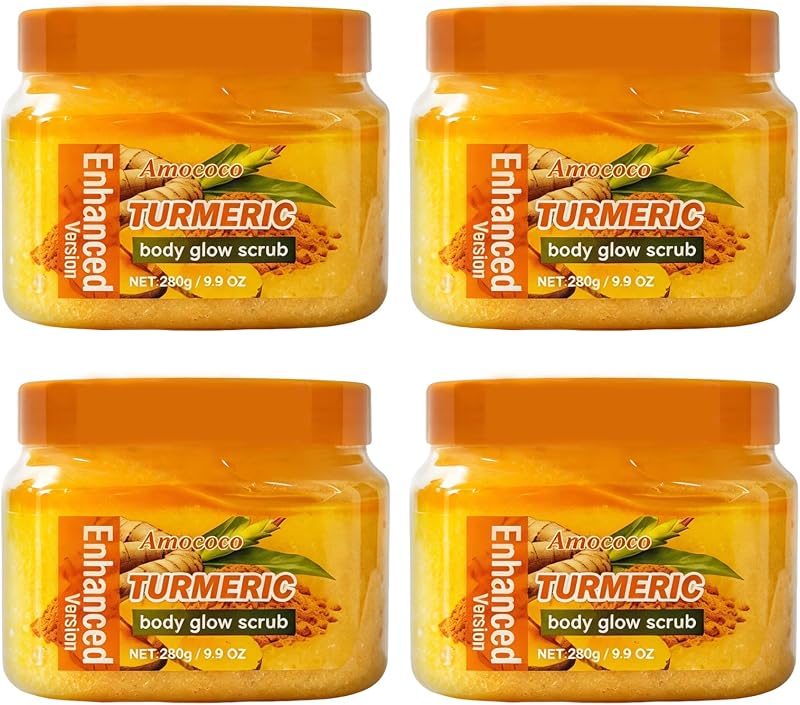 4Packs Turmeric Body Scrub, Botanical Skin Cleanser for Dullness & Uneven Tone, Gentle Exfoliating Scrub for Smooth & Glowing Skin Texture, 9.8 oz*4