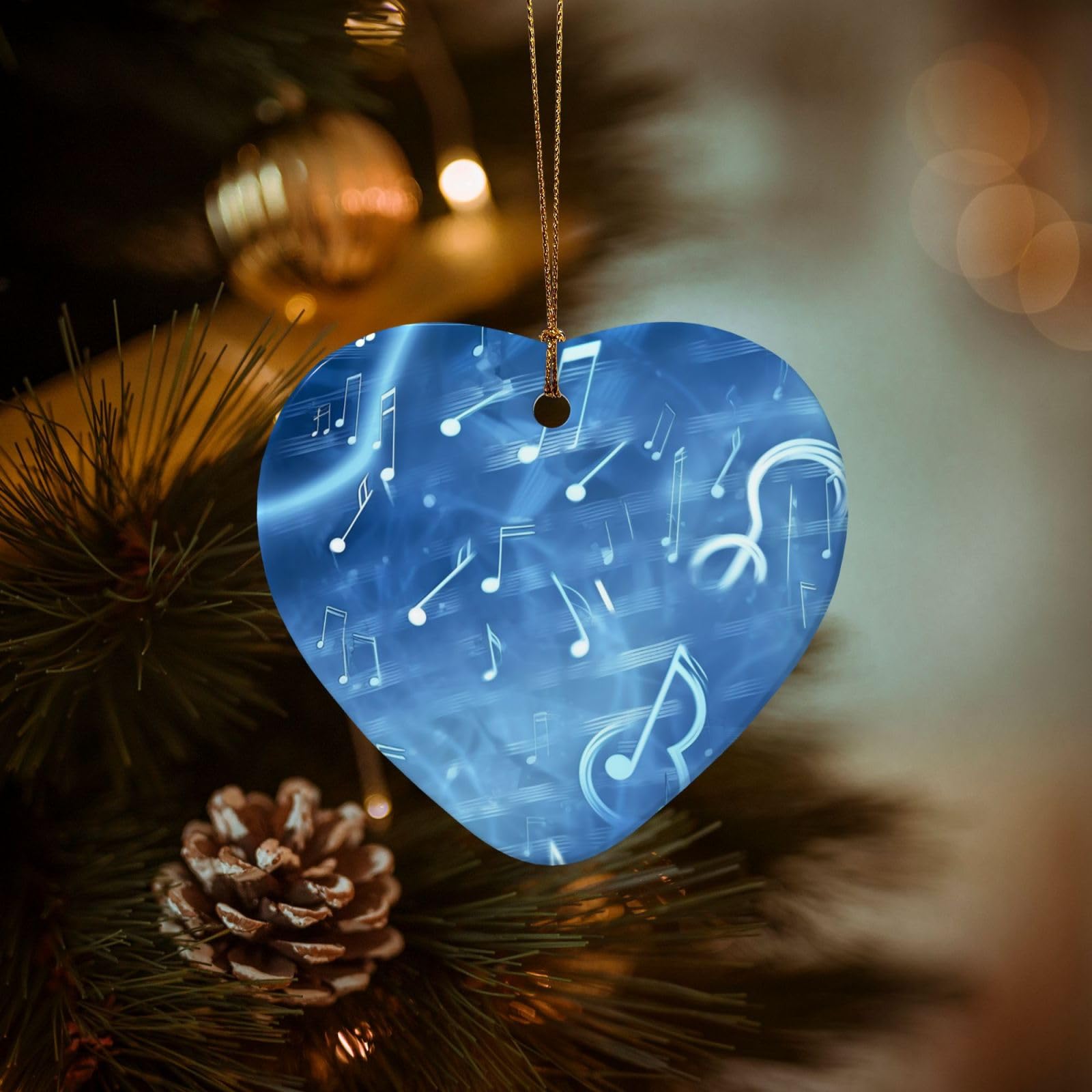 Christmas Tree Ornaments Ceramics Christmas Decorations Blue Musical Notes Ornaments with Gold Ribbon Porcelain Xmas Tree Crafts Heart Shape Hanging Pendant for Christmas Tree Party Decor
