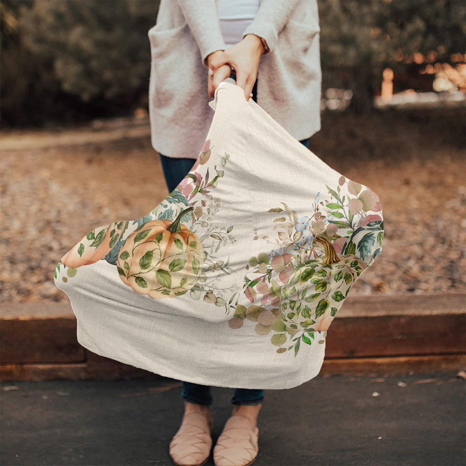 Nursing Cover for Breastfeeding Scarf, Thanksgiving Pumpkins Flowers Eucalyptus Leaves Fall Baby Car Covers Super Soft Multi Use for Canopy Shopping Cart Cover Blanket Stroller Cover