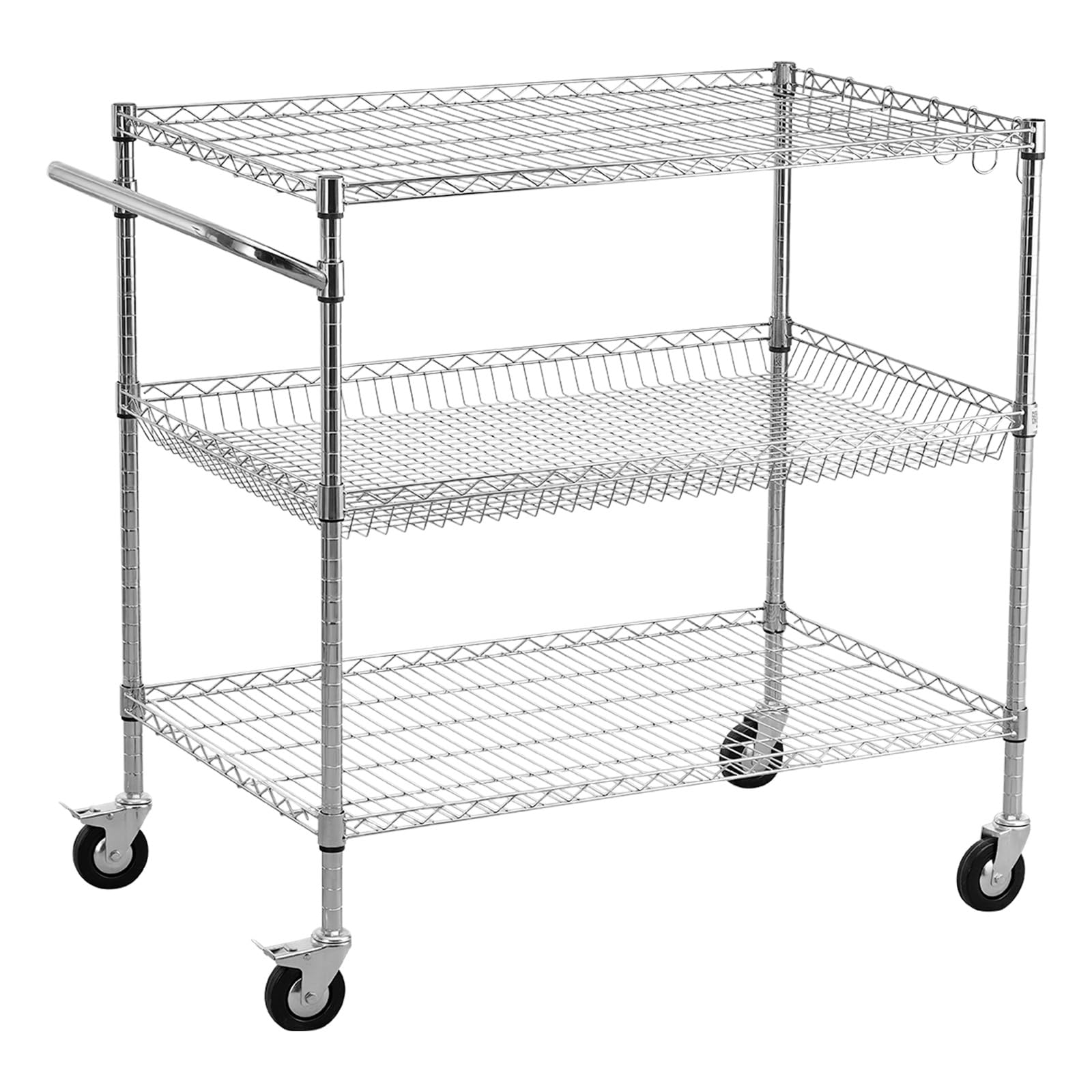 VEVOR Küchenwagen mit 3 Ebenen, Schwerlast-Servierwagen bis 454 kg, Rollwagen mit Höhenverstellbaren Drahtablagen und Griff, Metallregal auf Rollen für Küche, Garage & Waschküche, 1016 x 635 x 1040 mm