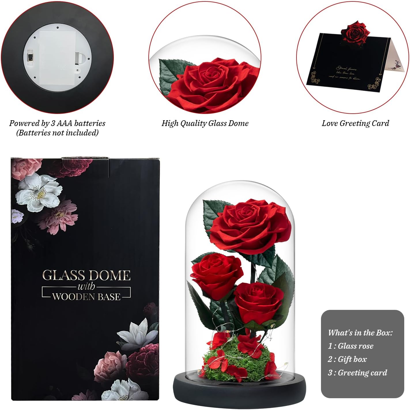 3 Preserved Flowers Roses in Glass Dome with Light for Beauty and The Beast Decor Real Rosas Eternas for Women Mom Birthday,Forever Red Roses for Delivery, Gifts for Wife Girlfriend Her - Image 4