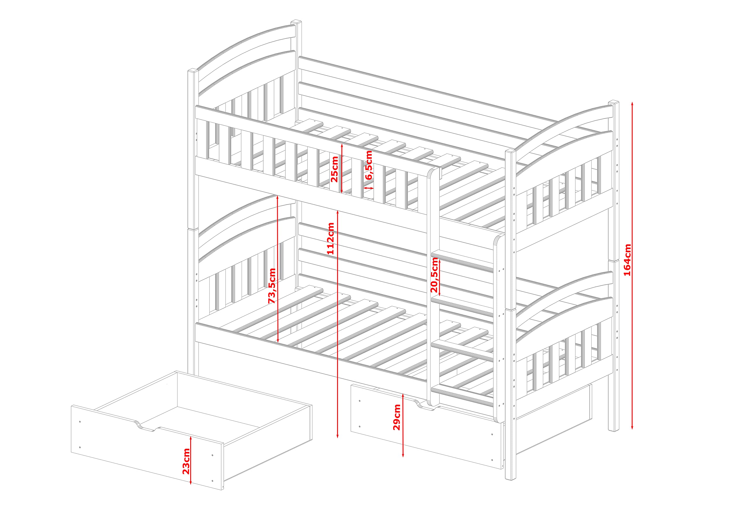 Lit superposé 90x200 avec Deux tiroirs, sommier à Lattes, Protection Contre Les Chutes, Transformable en Deux Lits Simples, en Bois Massif Blanc, lit Fonctionnel