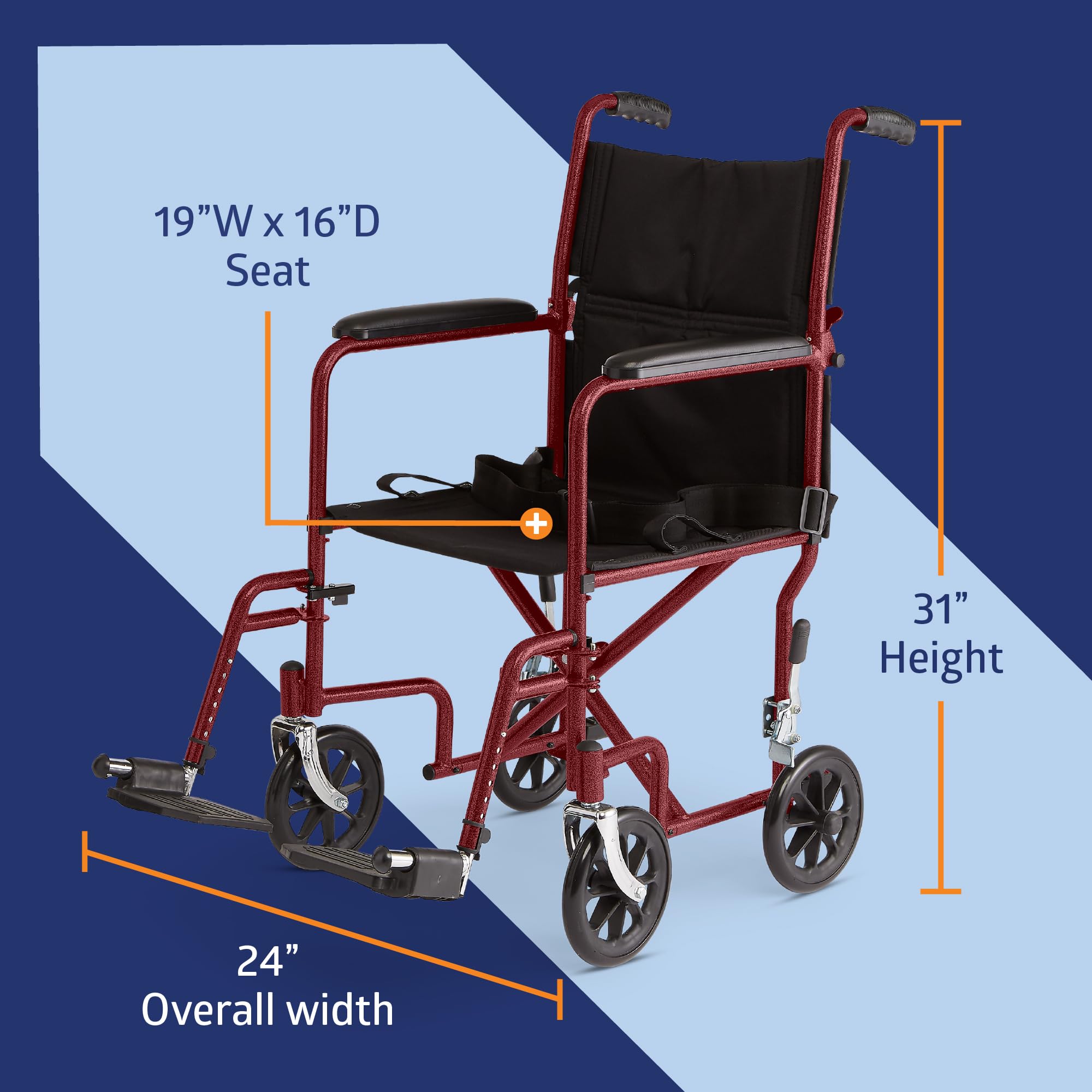 Medline Steel Transport Chair, Folding Transport Wheelchair, Removable Swing-Away Footrests, Full-Length Armrests, 19" Seat, 250 lb. Capacity, Red — Amazon image 2