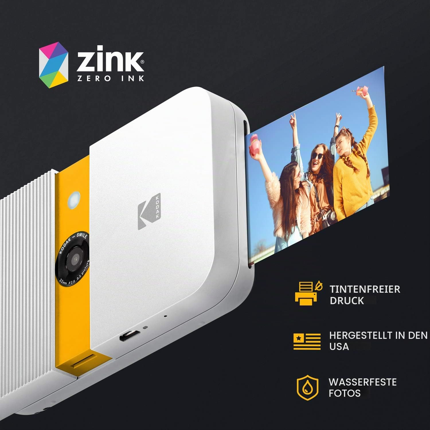 KODAK Smile Digital Sofortbildkamera mit 2x3 ZINK Drucker - HD-Qualität - 10MP, LCD Display, Micro SD Kartenleser und Autofokus - Weiß/ Gelb