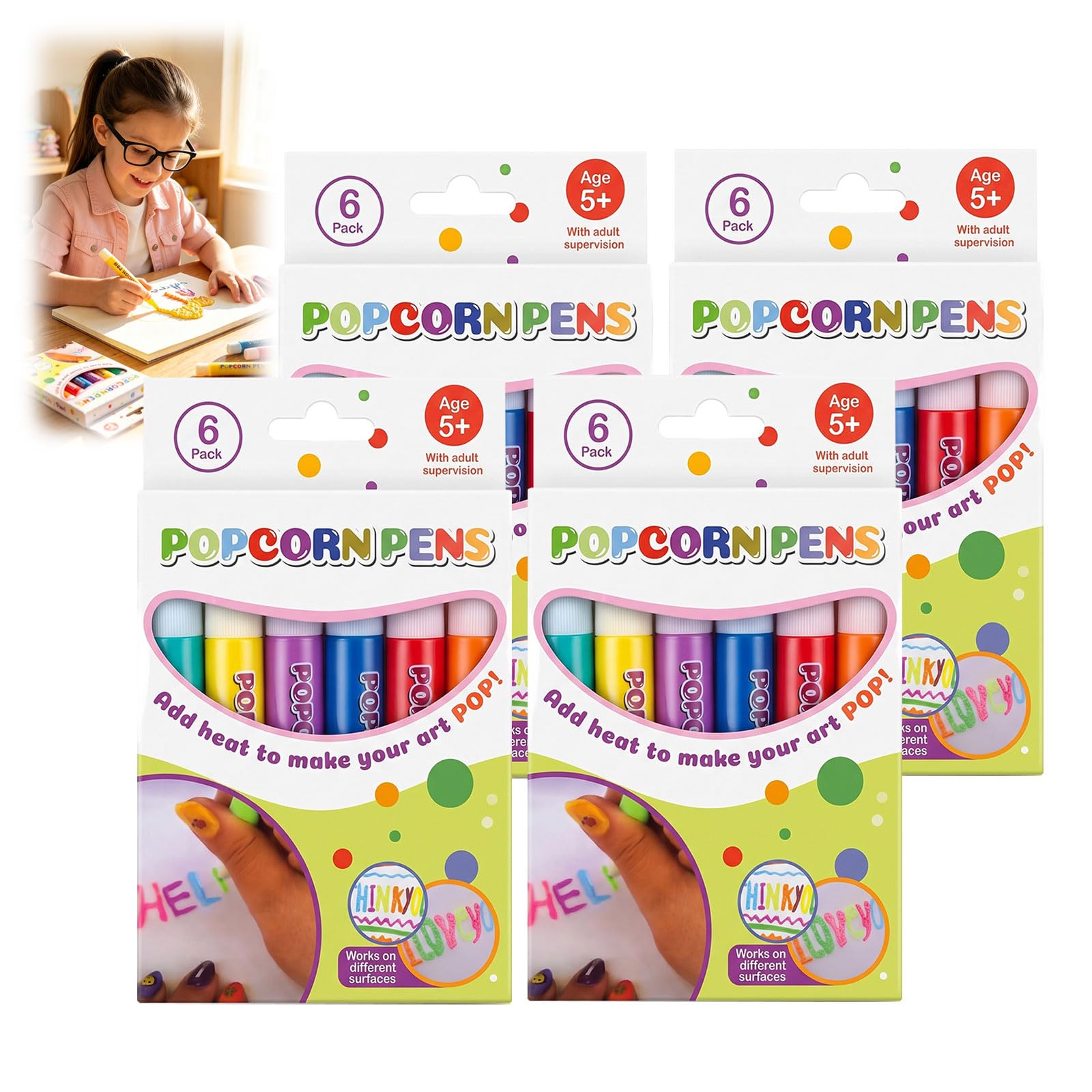 Popcorn Pens for Kids, 6Pcs 3D Bubble Popcorn Drawing Pens, Puffy Magic Ink Pens for DIY Art Crafts, Creative Drawing Kit for Birthday Cards & School Projects (4PCS)