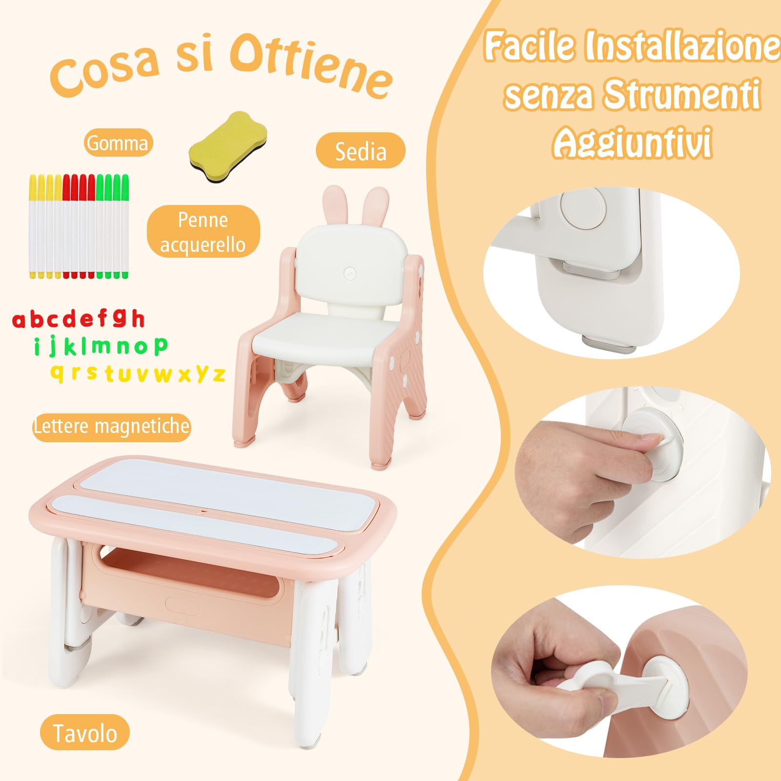 RELAX4LIFE 2 in 1 Set Tavolo e Sedia per Bambini con Lavagna Doppia Faccia Magnetica e Cancellabile, Altezza Regolabile, Cestello Portaoggetti, Tavolino per Bambini 1-12 Anni (Rosa)