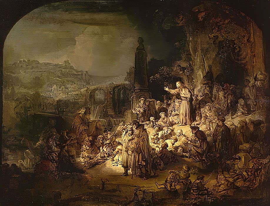 Toile la prédication de Jean-Baptiste de Rembrandt pour habiller un grand mur vide 60x90