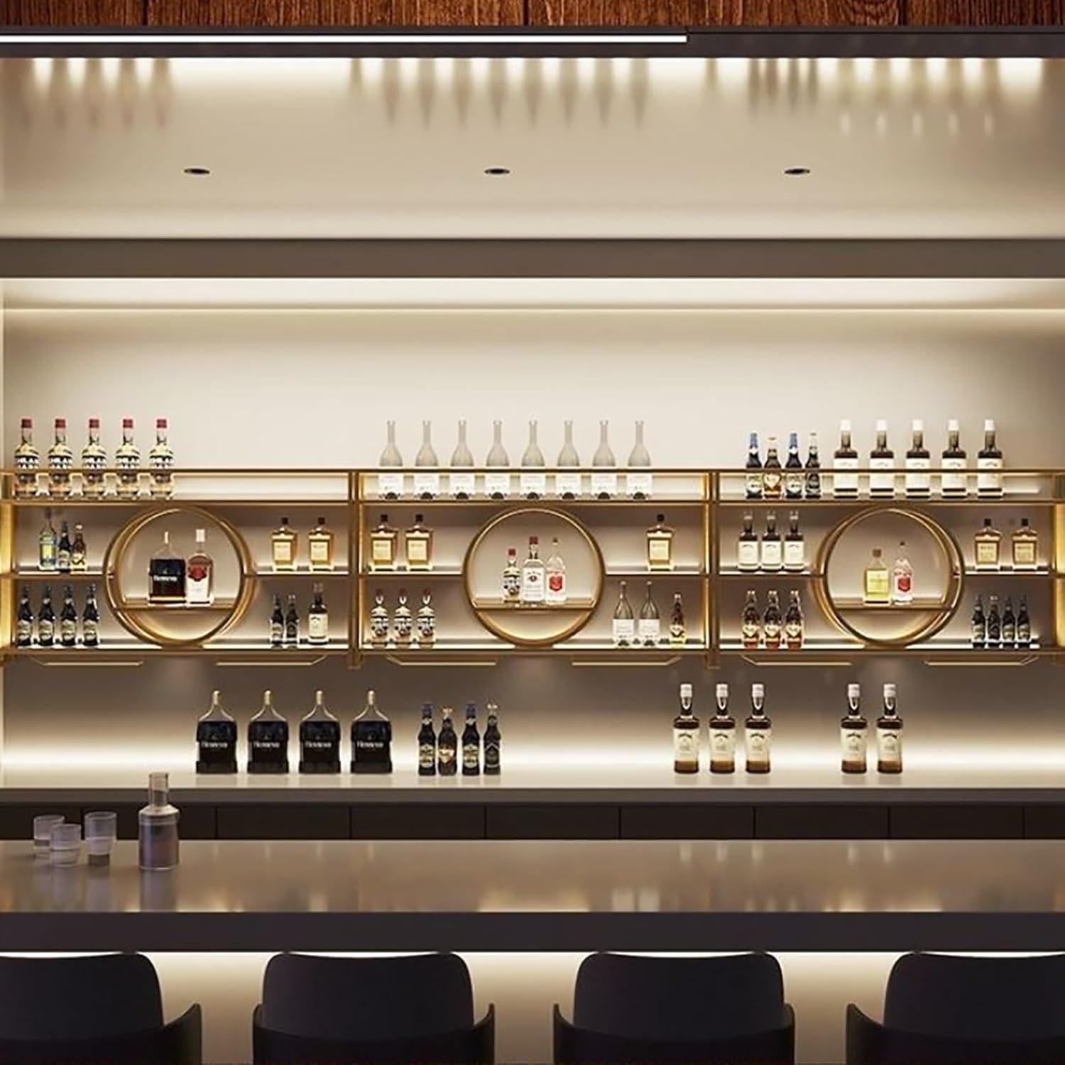 Floating Wall Mounted Wine Rack with Glass Holder Modern Iron Display Stand for Wine and Liquor Home Bar Decor Gold Color