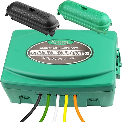 K KASONIC - Caja eléctrica grande para exteriores (12.5 x 8.5 x 5 pulgadas) + 2 pequeñas cubiertas de seguridad para cables de extensión para