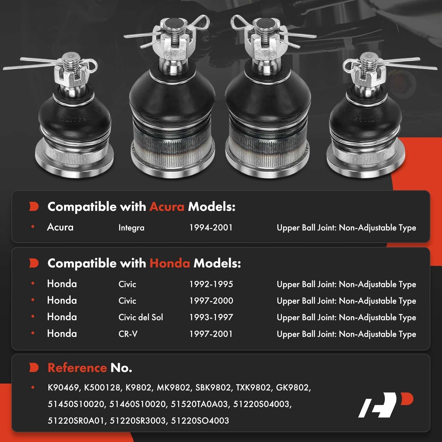 A-Premium Set of 4, Front Upper & Lower Ball Joints Kit, Compatible with Honda CR-V CRV 1997-2001, Civic 1992-1995 1997-2000, Civic del Sol 1993-1997 & Acura Integra 1994-2001