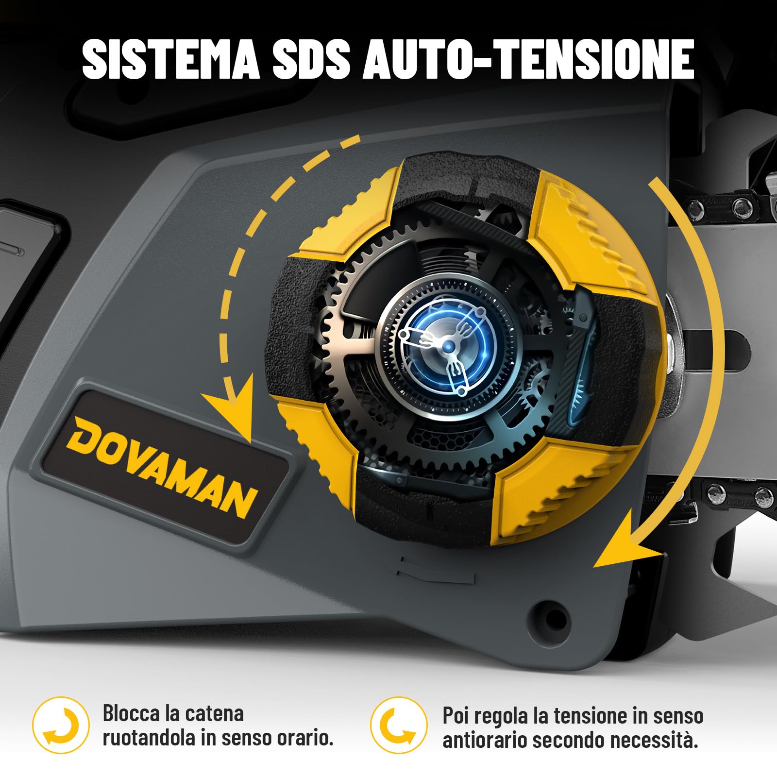 DOVAMAN 2400W Motosega Elettrica, Tensionamento Senza Attrezzi in un Passo, 40cm Barra e Catena Oregon, 15m/s Velocità della Catena, Olio Automatico, Freno Meccanico, 2 Catene - DCS01A