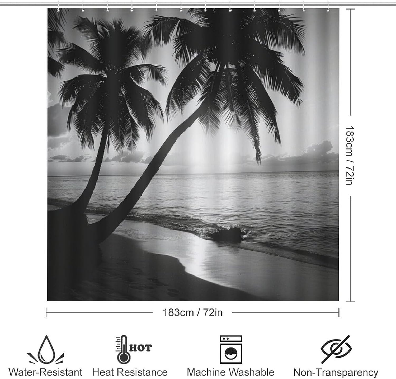 4Pcs Ocean Beach Shower Curtain Set with Rugs, Toilet Lid Cover and Bath Mat, Tropical Palm Tree Plants Sea Waves Bathroom Curtains Decor Shower Curtains, 72" x 72"