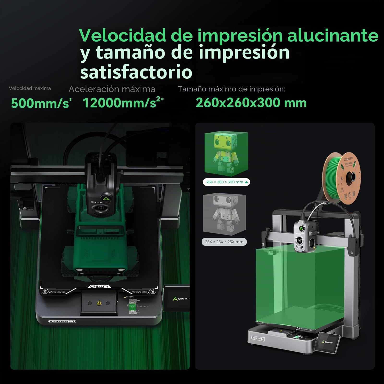 Creality Impresora 3D Hi Combo, con CFS de 16 colores, 500 mm/s de alta velocidad, 260×260×300mm espacio de construcción, nivelación automática, servo FOC, 12.000 mm/s², escáner RFID y detección de