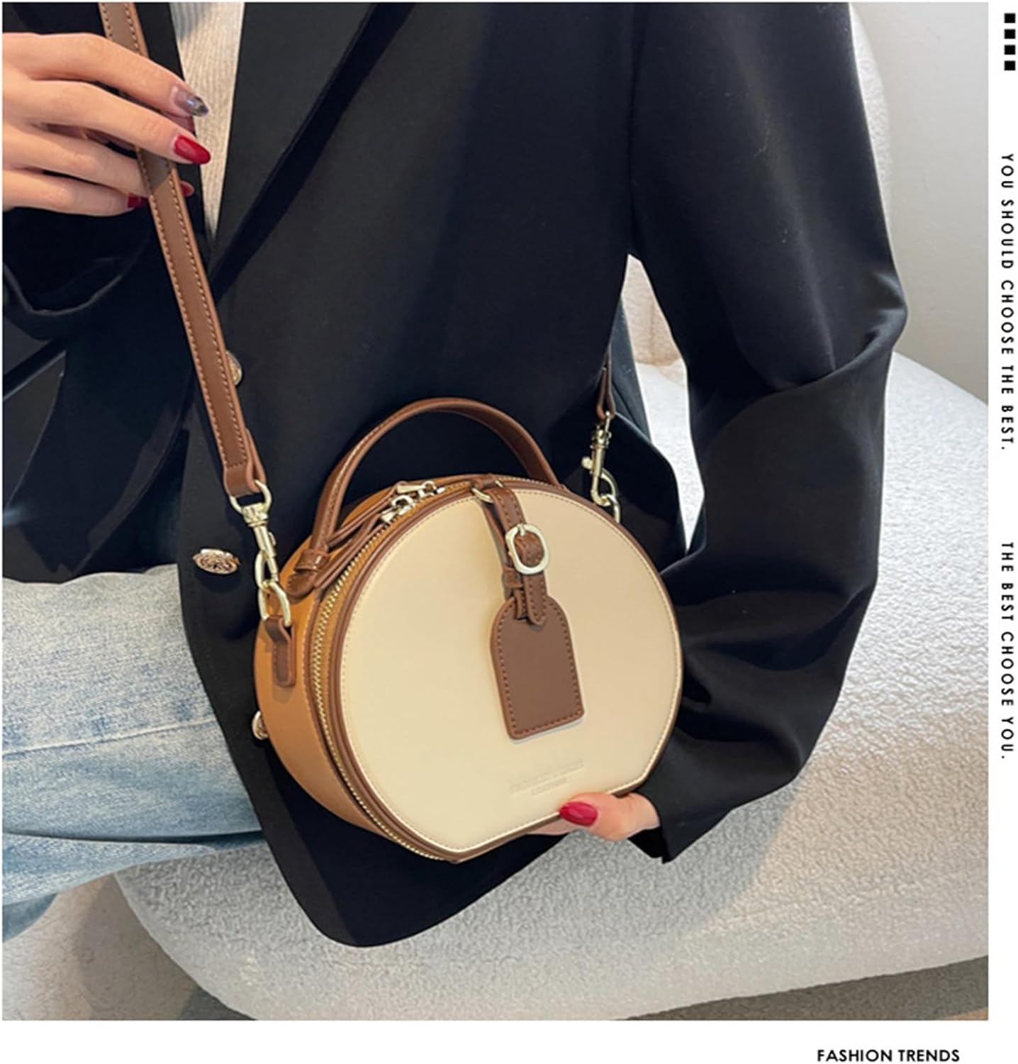 Western Leather Round Bag for Women,Retro Round Bag Top Handle with Strap - Image 6