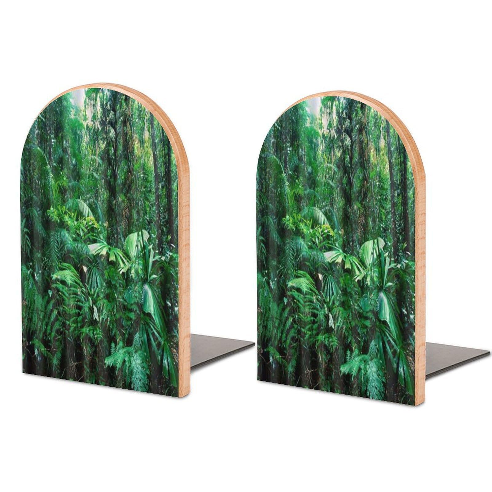 Tropical Jungle Rainforest Palm Trees and Exotic Plants Dense Beech Wood Bookends Heavy Duty Book Organizers Desktop File Holder for Office Home Bookshelf