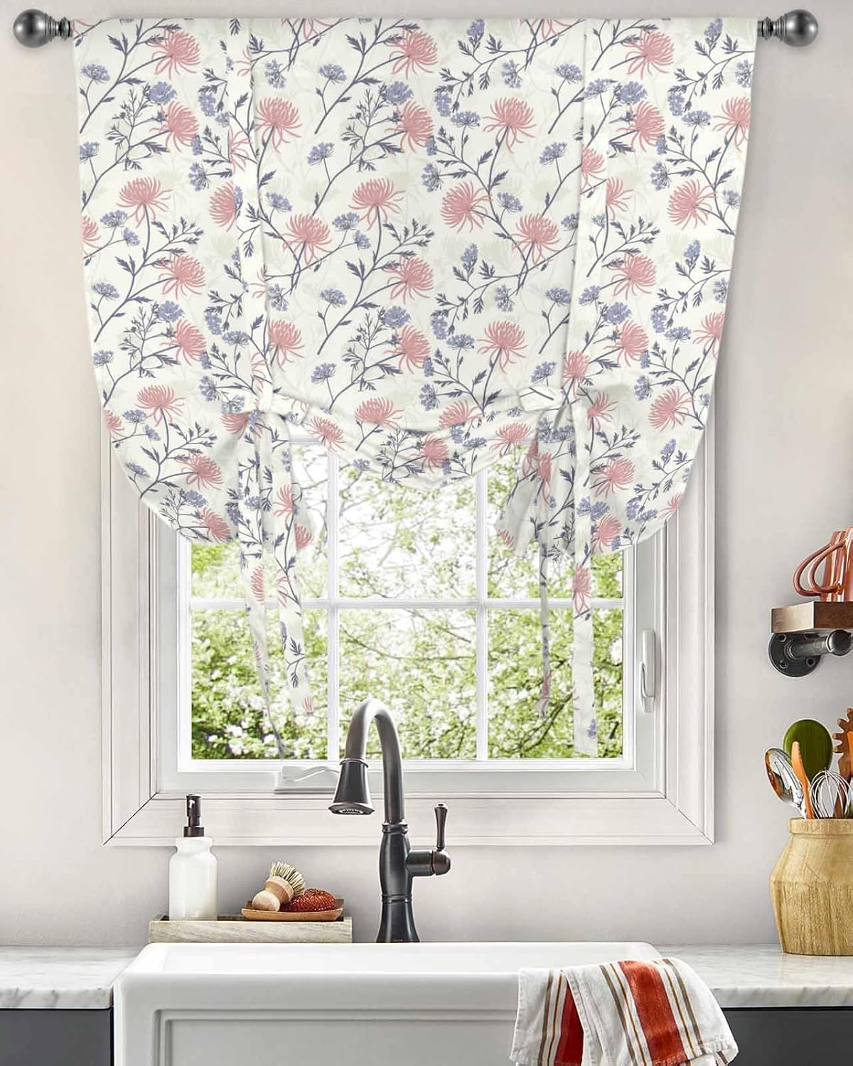 Yukro Tie Up Curtains Window Shades, Spring Vintage Hand Drawn Chrysanthemum Dandelion Rod Pocket Tie Up Window Shade, Adjustable Balloon Curtain Shade for Blinds Kitchen Bathroom, 1 Panel, 52"x63"