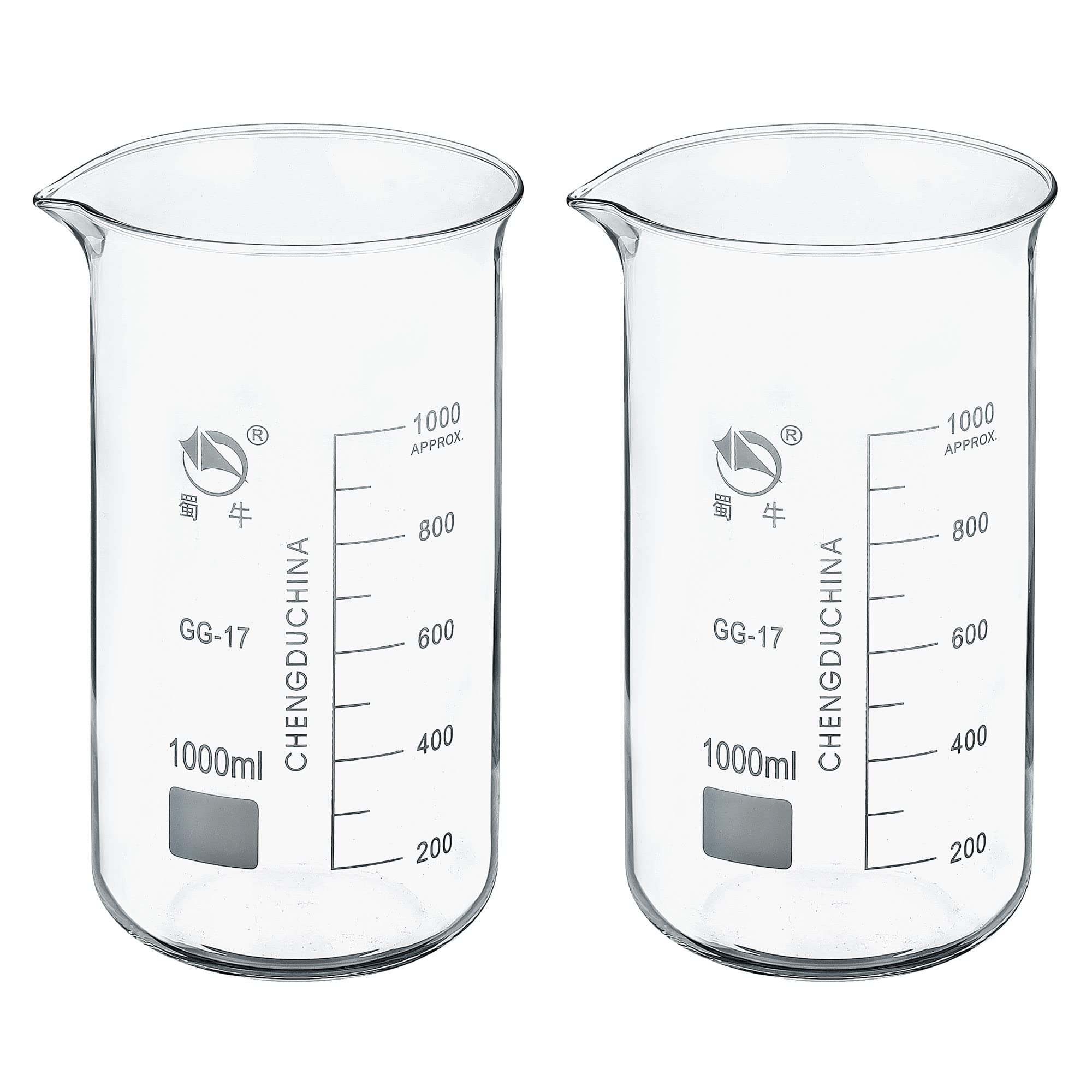 PATIKIL 1000ml Alto Forma Vidrio Cubilete, 2 Paquete 3.3 Borosilicato Vidrio Graduado Impreso Escala Medición Tazas con Caño para Cocina Laboratorio Líquidos