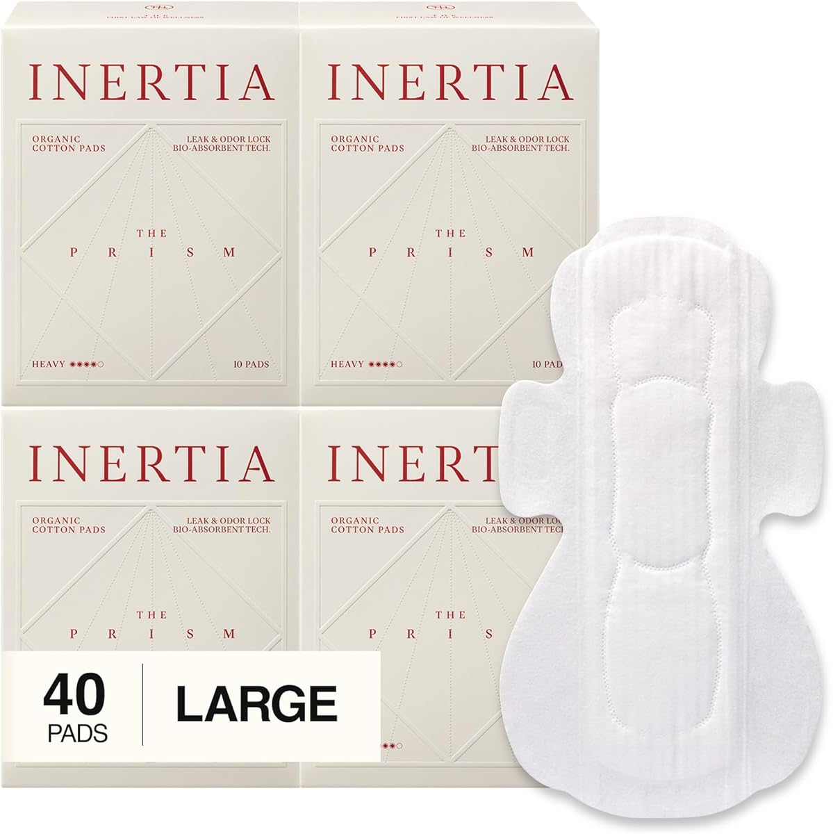 INERTIA The Prism White – Truly Organic Ultra Thin & Leak-Proof Organic Cotton Korean Pads with Wings | Heavy Absorbency | Hypoallergenic, Super Absorbent, Chlorine-Free & Fragrance-Free (40 Count)