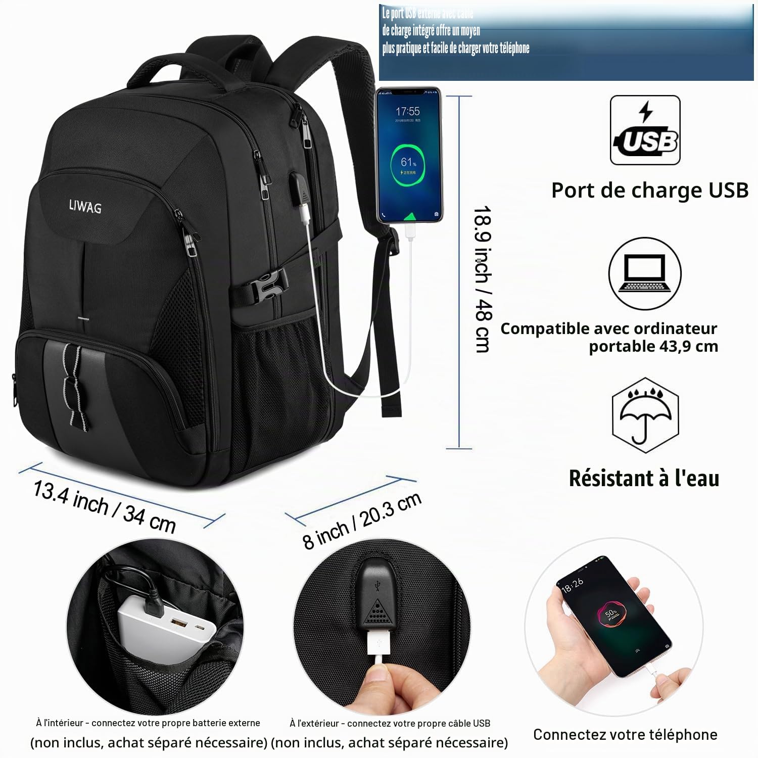 Sac à Dos Homme Grand 50L, Ordinateur Portable 17 Pouces Antivol Imperméable PC Portable avec Chargement USB Voyage Affaires pour Loisir Scolaire Collège - Noir