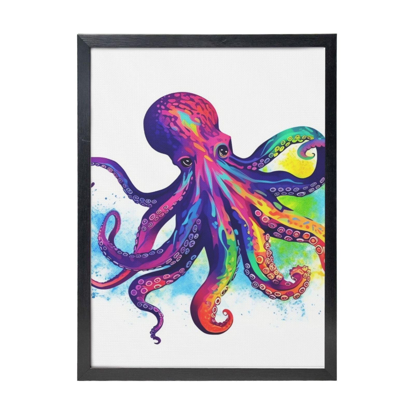 Framed Wall Art - Decorative Canvas Painting Colorful Octopus Pictures Poster Aesthetic Modern Prints Artwork for Bedroom Office Wall Decor Ready To Hang 12x16 in