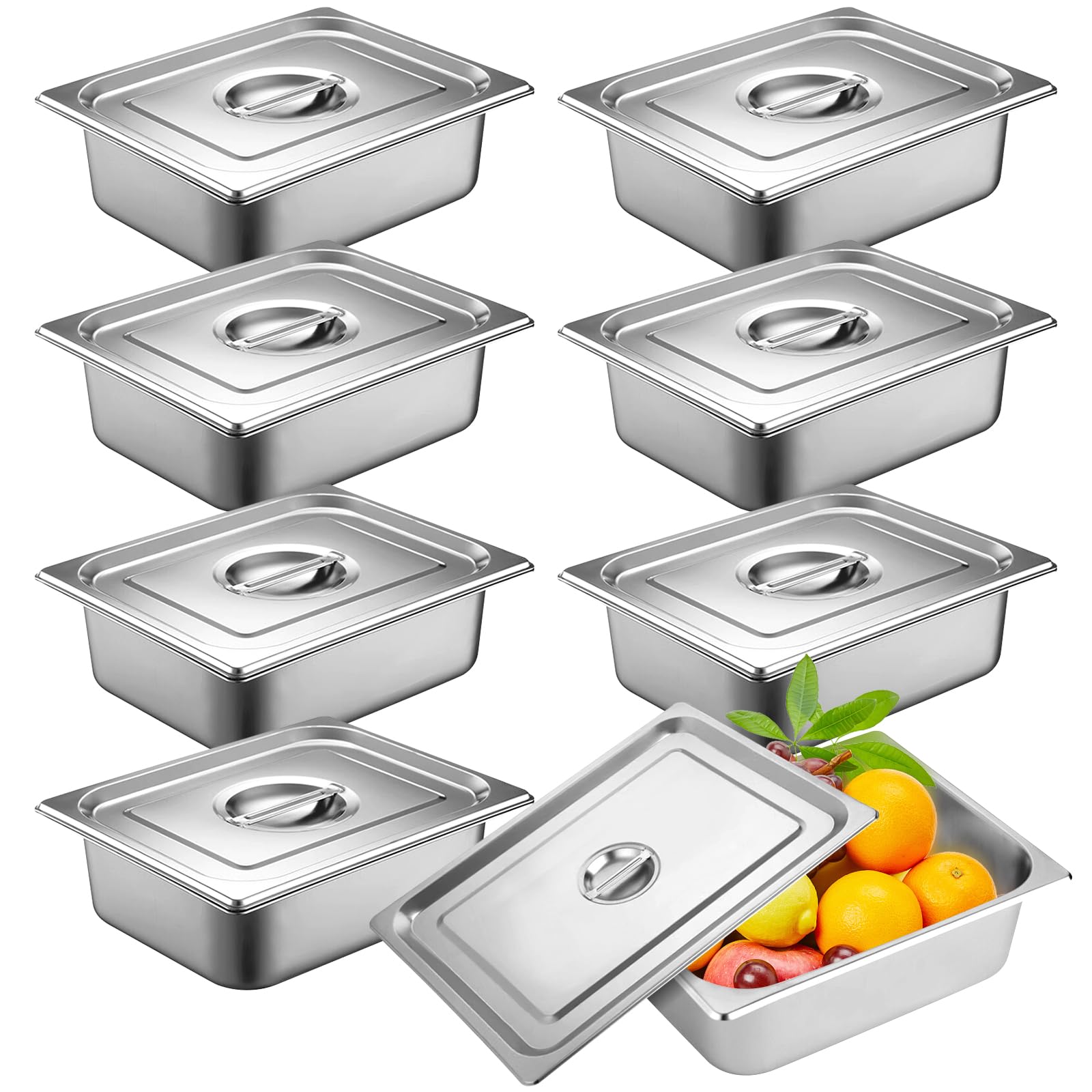 8 contenitori GN 1/2, in acciaio inox con coperchio, contenitore per alimenti, 32,5 x 26,5 x 10 cm, resistente al calore, impilabile, per alimenti, torte, hotel