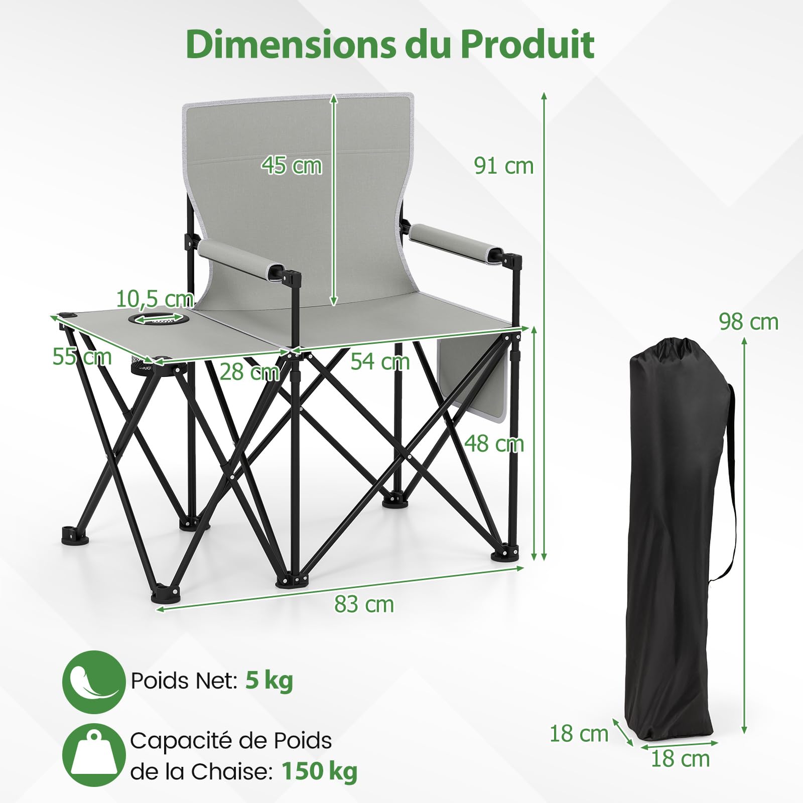 GOPLUS Lot de 2 Chaises de Camping avec Table d'Appoint, Chaise de Plage Pliante avec Porte-gobelet, Poches de Rangement, Ultra Leger, Sac Transport, Charge 150 kg, pour Pêche, Pique-Nique (Gris)