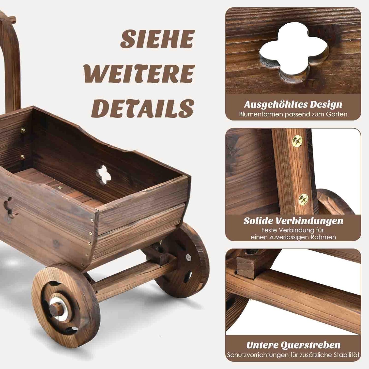 FANTASK Drewniany wózek na kwiaty z kółkami i uchwytem, wózek na rośliny z otworem odpływowym, rustykalny wózek na rośliny do ogrodu, na taras, taczka, dekoracja ogrodowa, skrzynka na rośliny